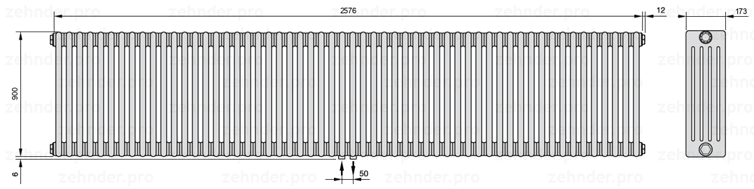 Схема (чертеж) Радиатор Zehnder Charleston 5090/56 №3470 Белый глянцевый RAL 9016